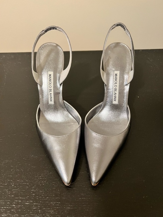 Manolo Blahnik Shoes - Manolo Blahnik Metallic Silver Pointed Slingback Pumps